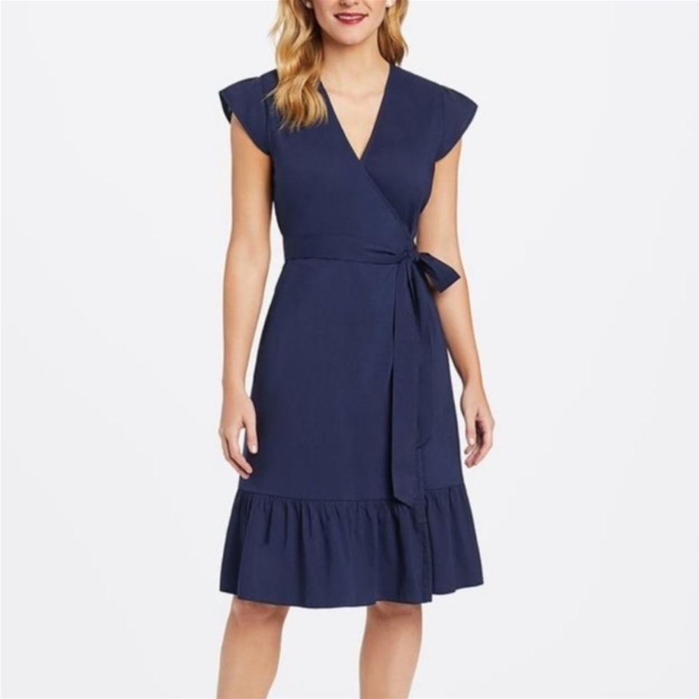 NEW Draper James Flutter Sleeve Wrap Midi Dress Navy Lightweight Blue Size 8